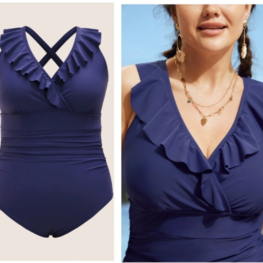 Bloomchic NEW Ruffle Trim Gathered Ruched 1 Piece Swimsuit Sculpt Waist Blue 4X - Picture 7 of 16